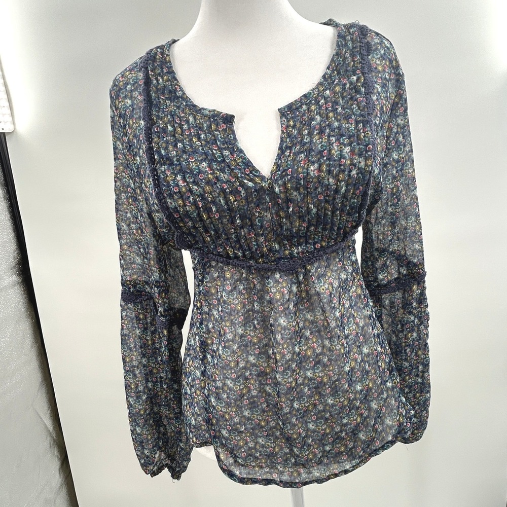 American Rag Boho Floral Peasant Blouse Sheer Lace Trim Cottagecore S Peasant - Picture 3 of 13